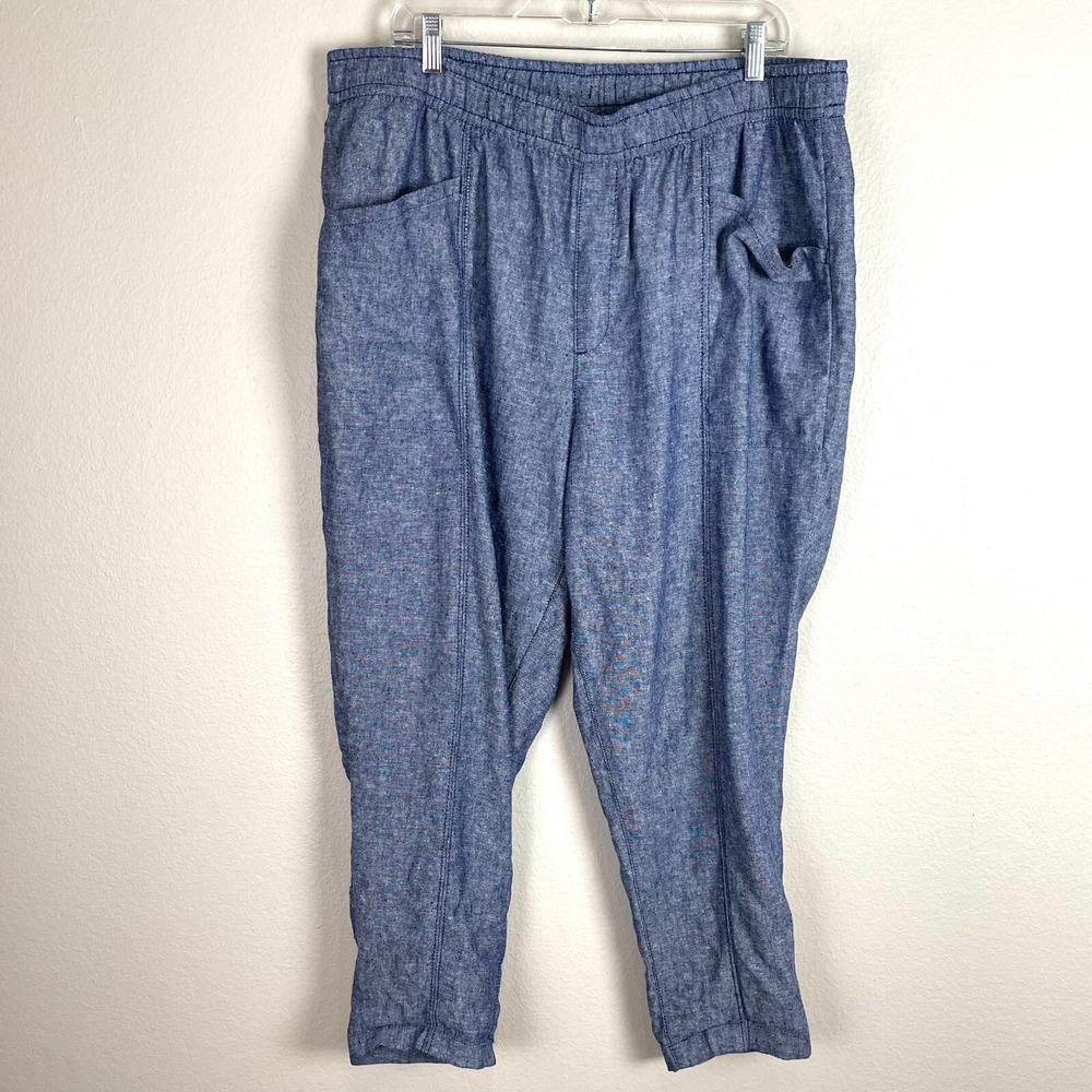 Old Navy Womens XL Blue Linen Blend Straight Taper Pants Pull On Elastic Waist